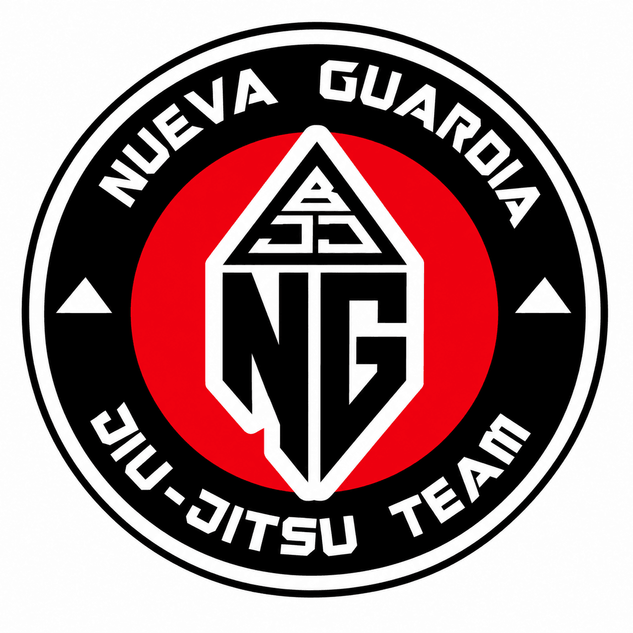 Escudo de Nueva Guardia Jiu Jitsu Team, en negro, blanco y rojo